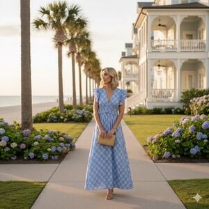 Sail to Sable Hydrangea Bow Print Flutter Sleeve V Neck Maxi Dress Blue SP25T5 S